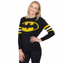 Bioworld Batman Logo Knitted Sweatshirt With Striped Sleeves Sweaters & Sweatshirts
