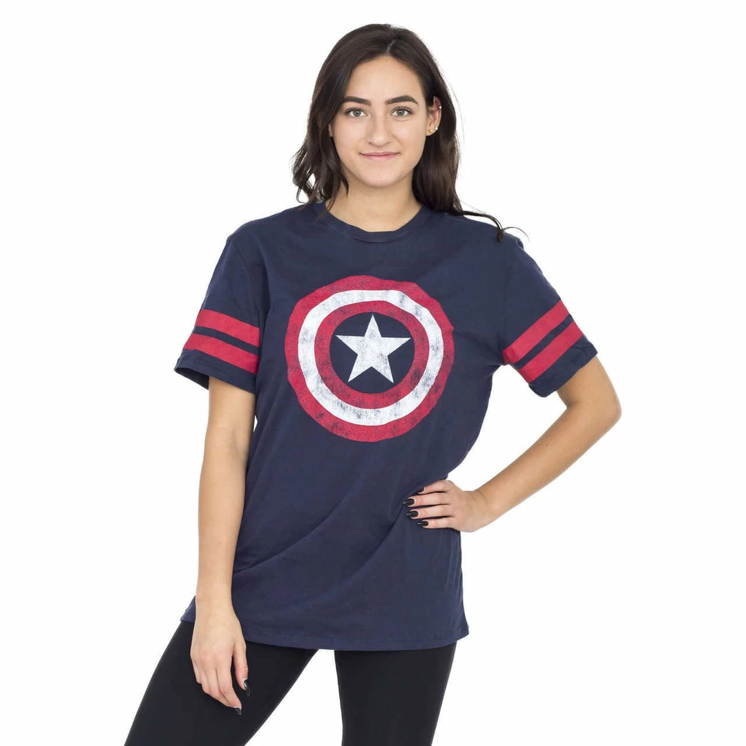 Trevco Captain America Distressed Shield Striped Sleeves T-shirt