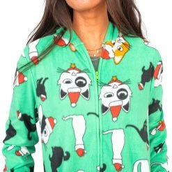 TVStoreOnline Christmas Cat Pajamas Cozy Fair Isle Union Suit Adult Green Jumpsuit
