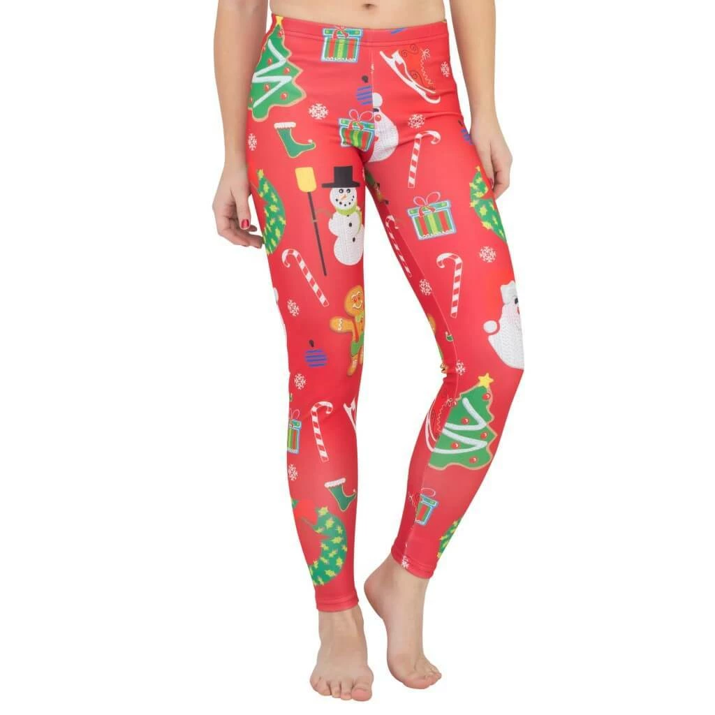 Costume Agent Holiday Symbols All Over Red Ugly Christmas Leggings 3 Costume Agent Holiday Symbols All Over Red Ugly Christmas Leggings