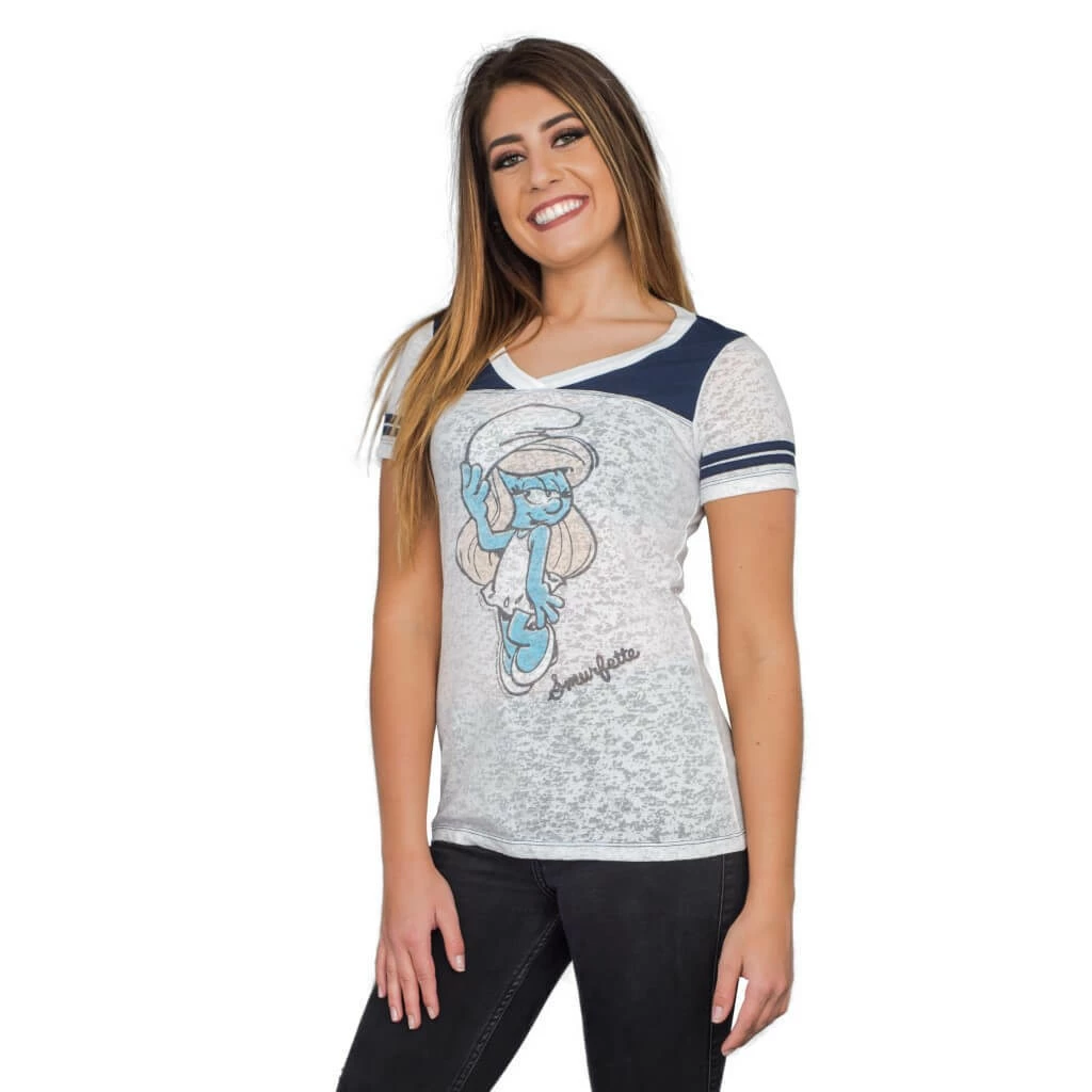 Junk Food The Smurfs Smurfette Pose Juniors Burnout T-shirt With Striped Sleeves 4 Junk Food The Smurfs Smurfette Pose Juniors Burnout T-shirt With Striped Sleeves